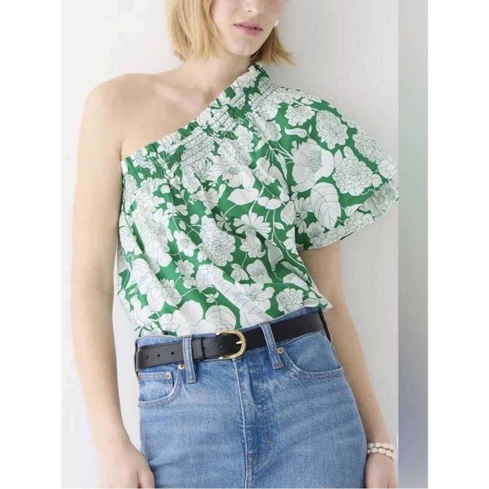 J. Crew Women’s Smocked Floral One-Shoulder Cotton Top Kelly Green Size L XXL